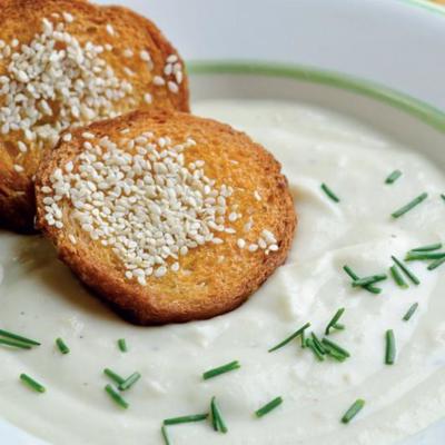 Cauliflower and cheese soup with sesame toast 