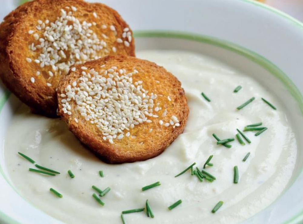 Cauliflower and cheese soup with sesame toast 