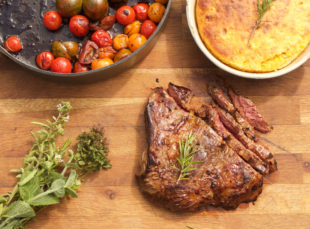 Bavette steak with roasted squash cornbread