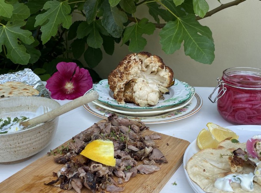 Lamb flatbreads with spiced cauliflower and pickled pink onions