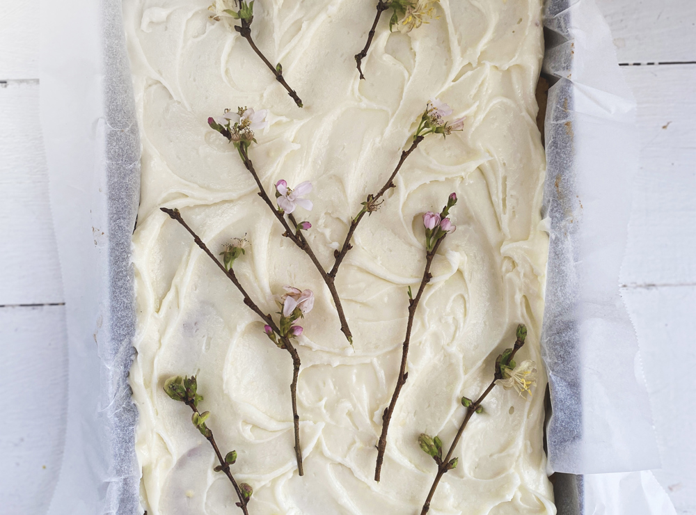 Simple spring traybake cake