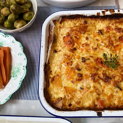 Cheese topped root vegetable dauphinoise recipe