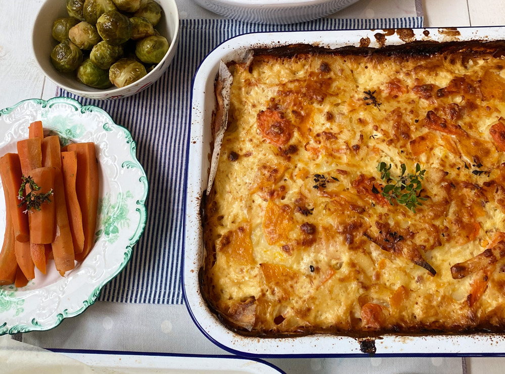 Cheese topped root vegetable dauphinoise