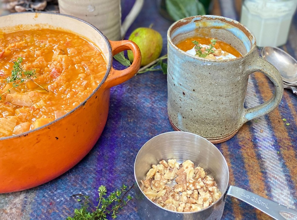 Lentil, bacon and roasted winter vegetable soup