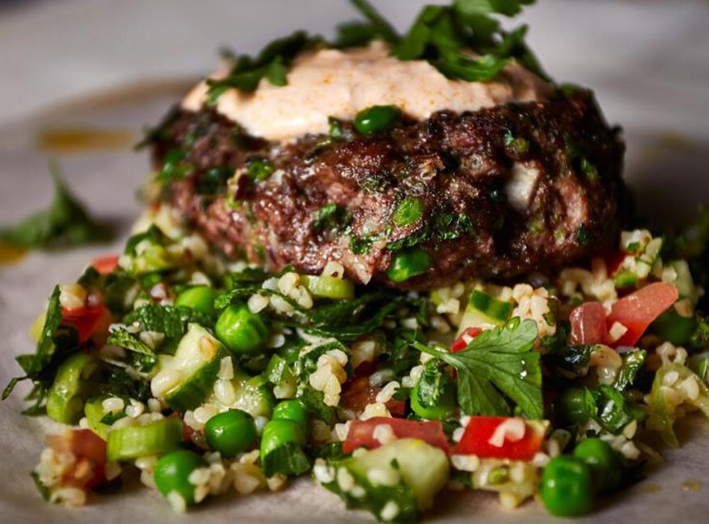 Mint and pea lamb kofta burger with rose yoghurt and pea, mint and cucumber tabbouleh