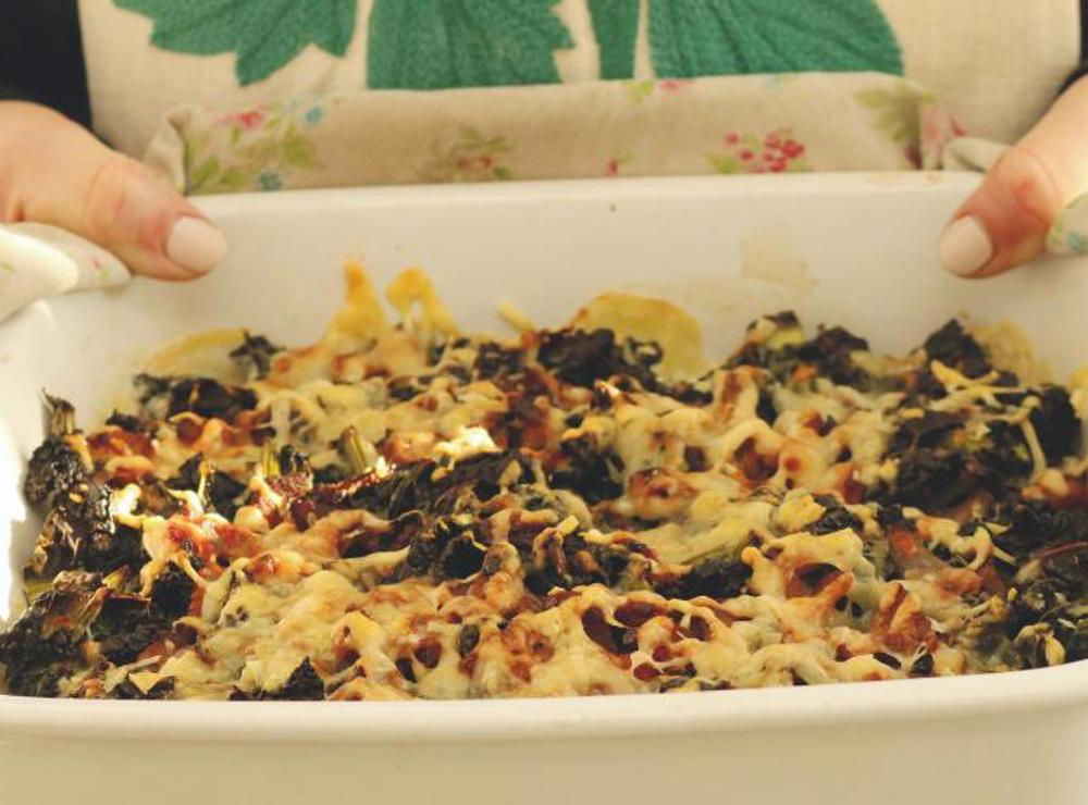 Kale, bacon and potato gratin