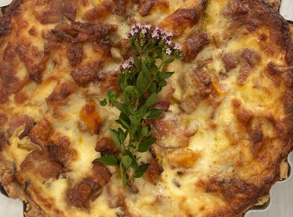 Roasted squash, apple, bacon and walnut tart