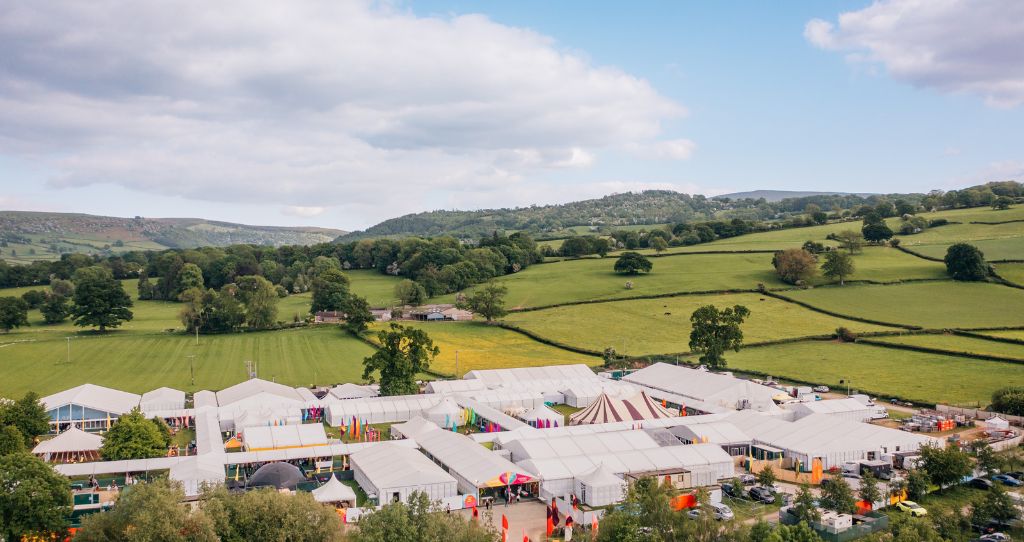 Aerial view of the Hay Festival in the countryside 