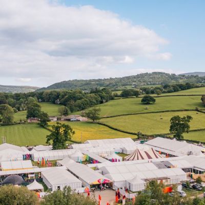 Aerial view of the Hay Festival in the countryside 